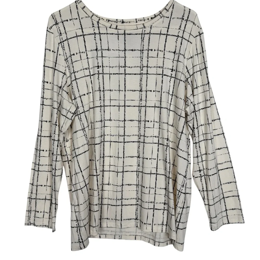 NWT Chico’s Touch of Cool Plaid Long Sleeve Layering Tee Cream XL